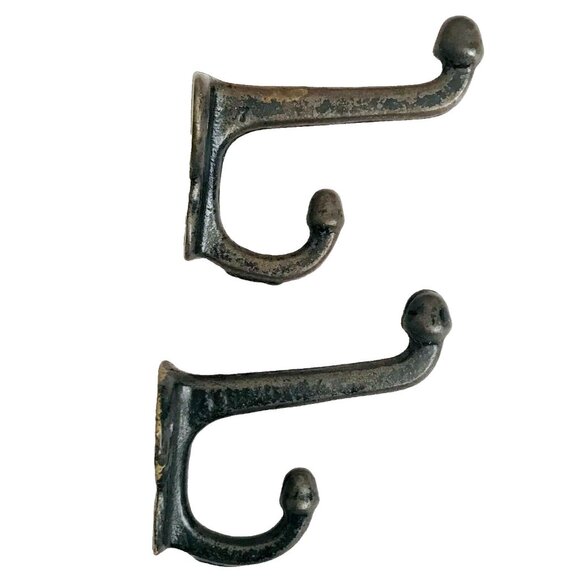 Cast Iron Coat Hooks Architectural Salvage Black Paint Heavy Metal Set of 2 Pair - Picture 1 of 7